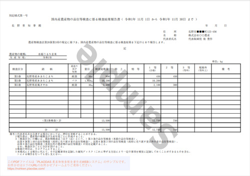 国内産農産物の品位等検査に係る検査結果報告書